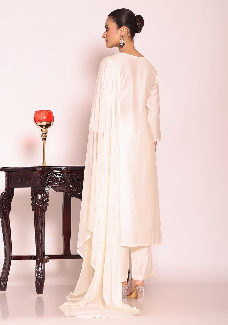 Off White Embroidery Silk Kurta Set - Indya