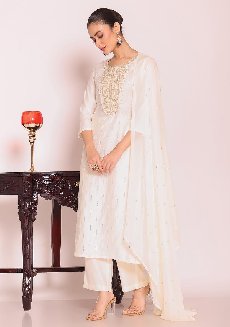 Off White Embroidery Silk Kurta Set - Indya