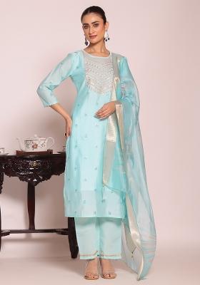 Sea Green Embroidery Silk Kurta Set