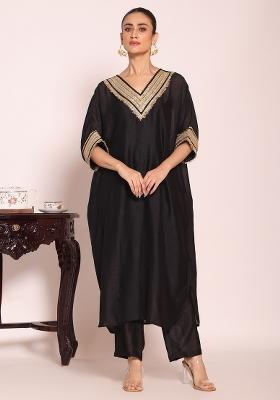 Black Embroidery Silk Kurta Set