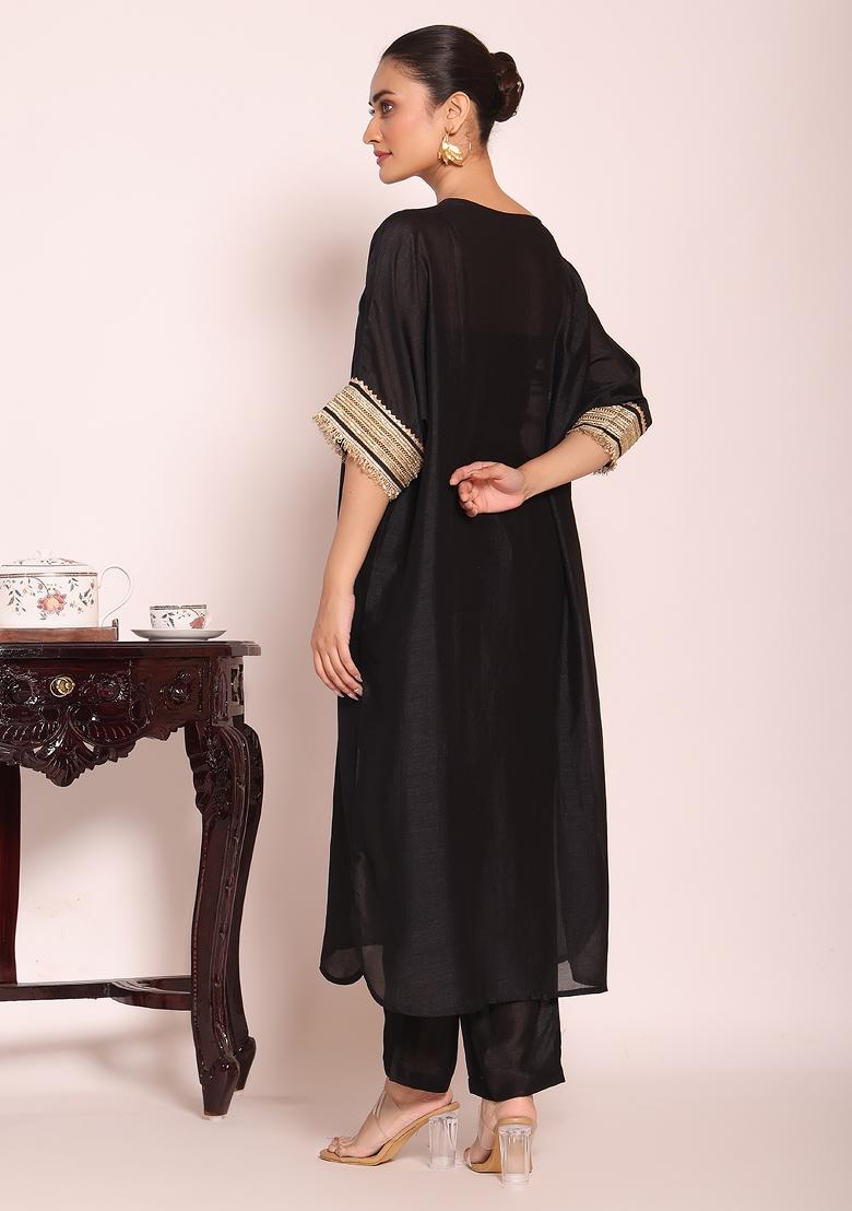 Black Embroidery Silk Kurta Set - Indya