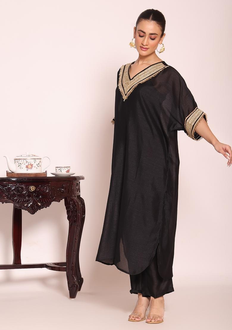 Black Embroidery Silk Kurta Set - Indya