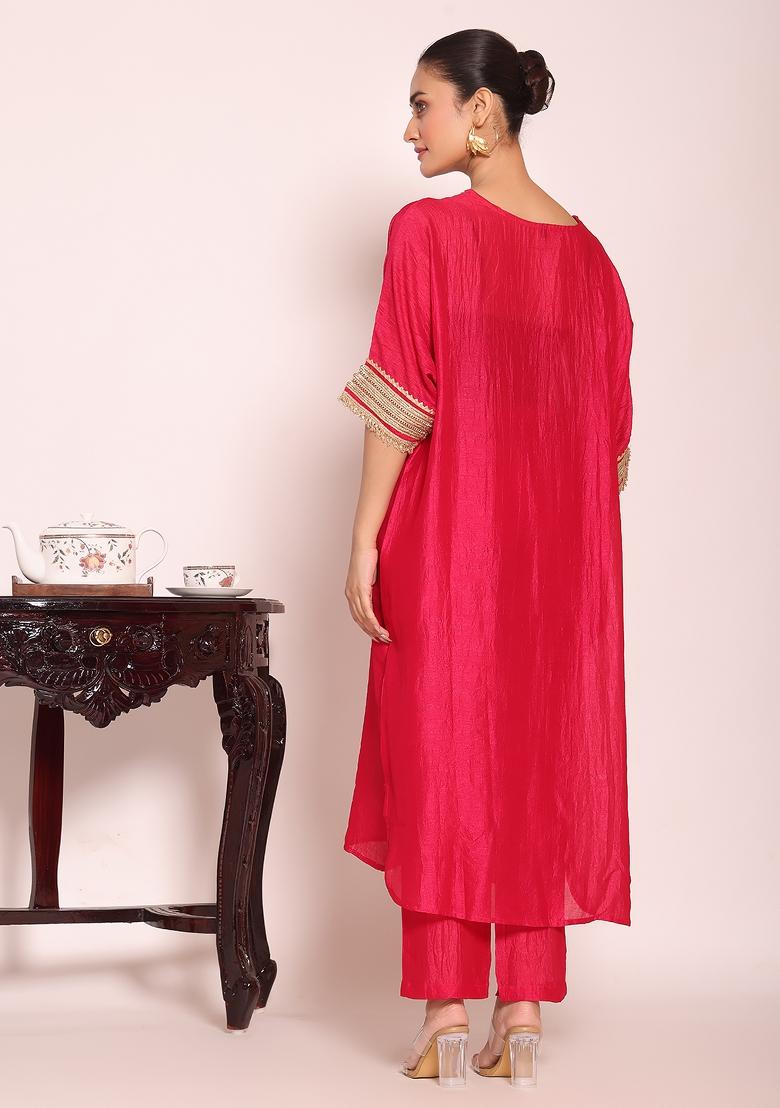 Pink Embroidery Silk Kurta Set - Indya