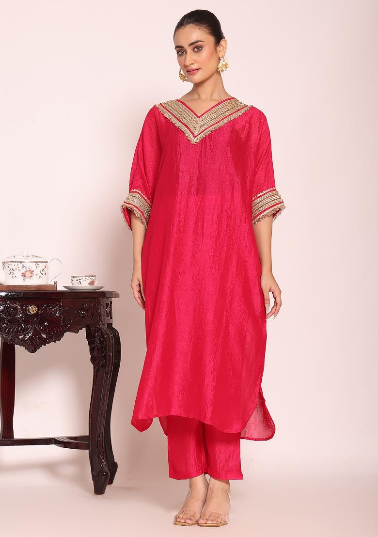 Pink Embroidery Silk Kurta Set - Indya