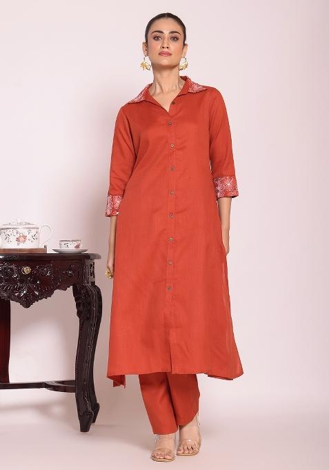 Rust Embroidery Silk Kurta Set