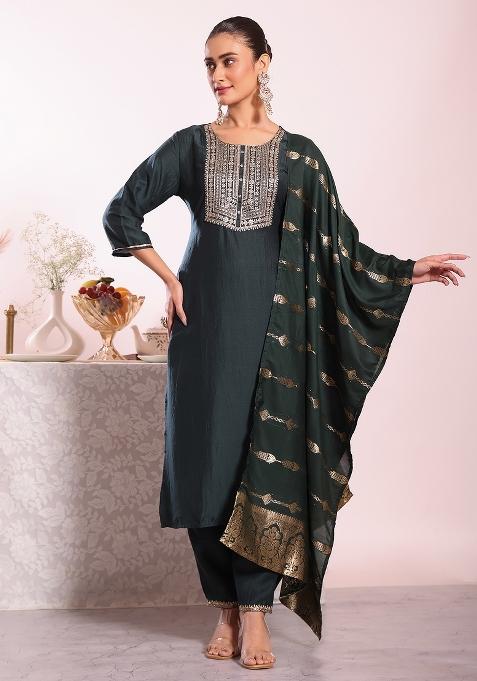 Black Embroidery Silk Kurta Set