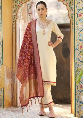 Cream Embroidery Silk Kurta Set
