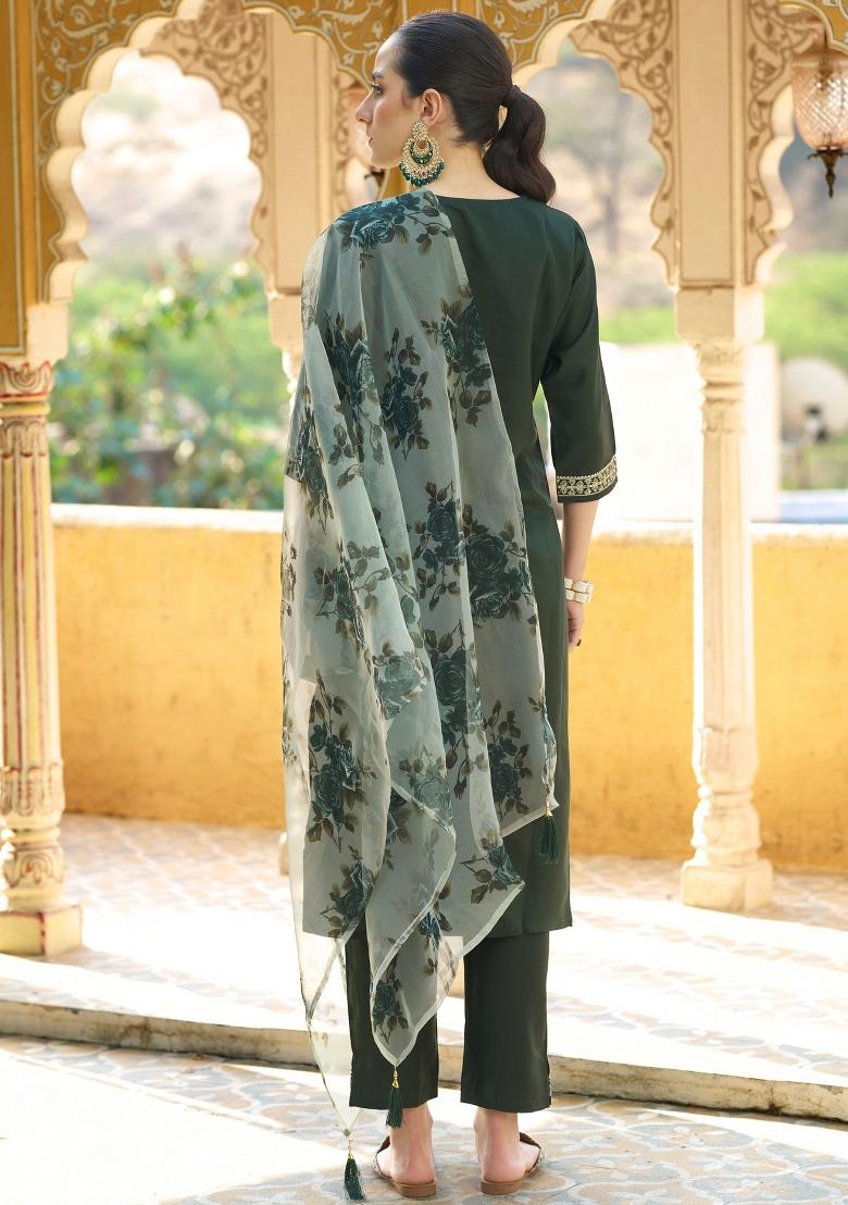 Green Embroidery Viscose Kurta Set - Indya