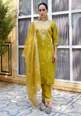Mustard Embroidery Silk Kurta Set