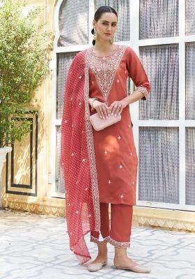 Peach Embroidery Silk Kurta Set