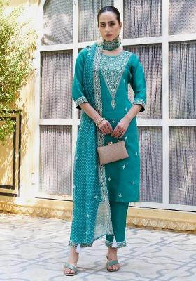 Blue Embroidery Silk Kurta Set