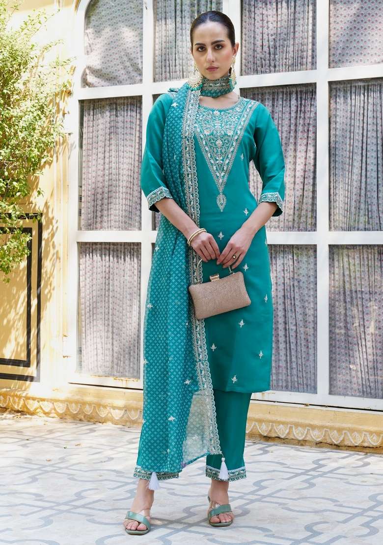 Blue Embroidery Silk Kurta Set - Indya