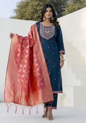 Teal Embroidery Silk Kurta Set