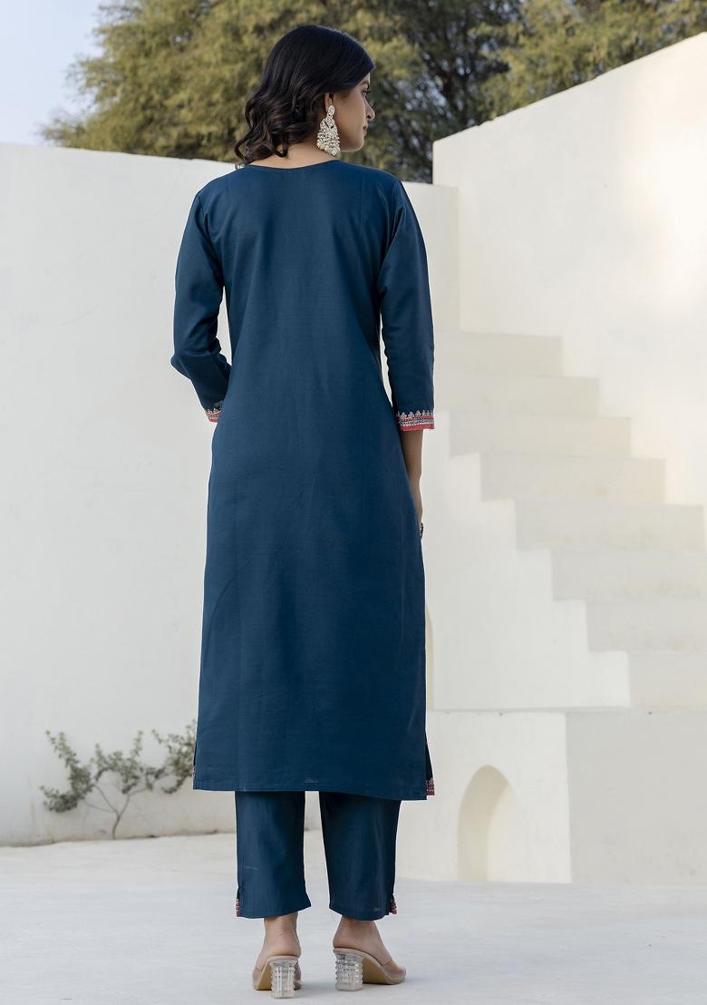 Teal Embroidery Silk Kurta Set - Indya