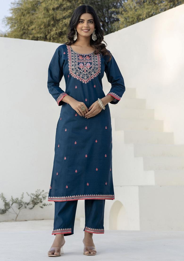 Teal Embroidery Silk Kurta Set - Indya