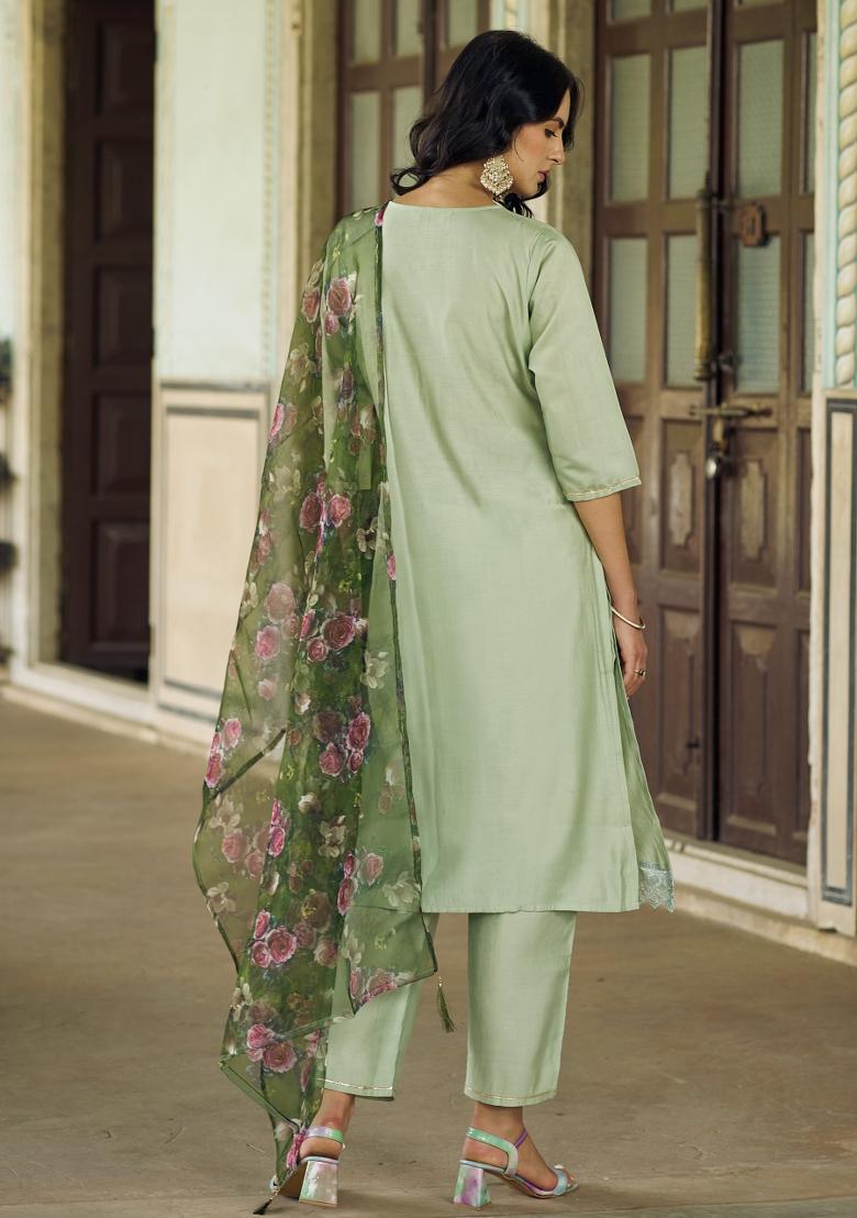 Green Embroidery Viscose Kurta Set - Indya