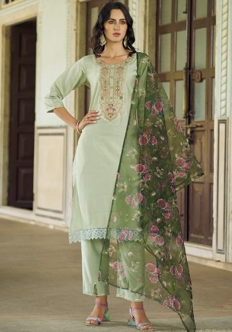 Green Embroidery Viscose Kurta Set