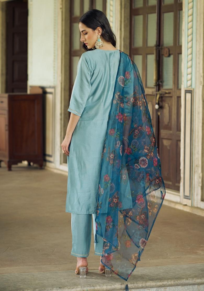 Sky Blue Embroidery Viscose Kurta Set - Indya