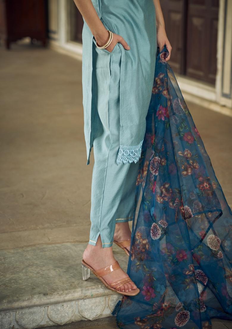 Sky Blue Embroidery Viscose Kurta Set - Indya