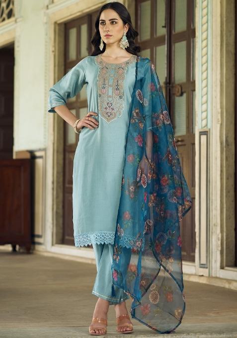 Sky Blue Embroidery Viscose Kurta Set