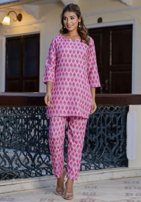 Pink Printed Cotton Kurta Set