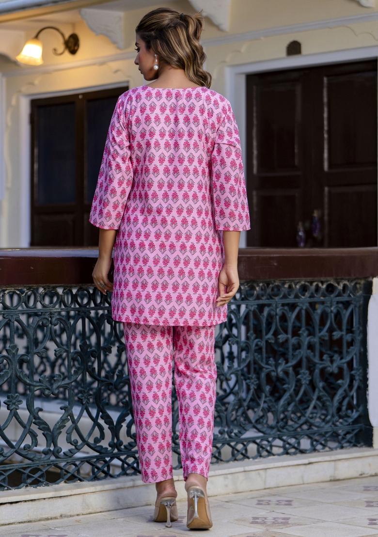 Pink Printed Cotton Kurta Set - Indya