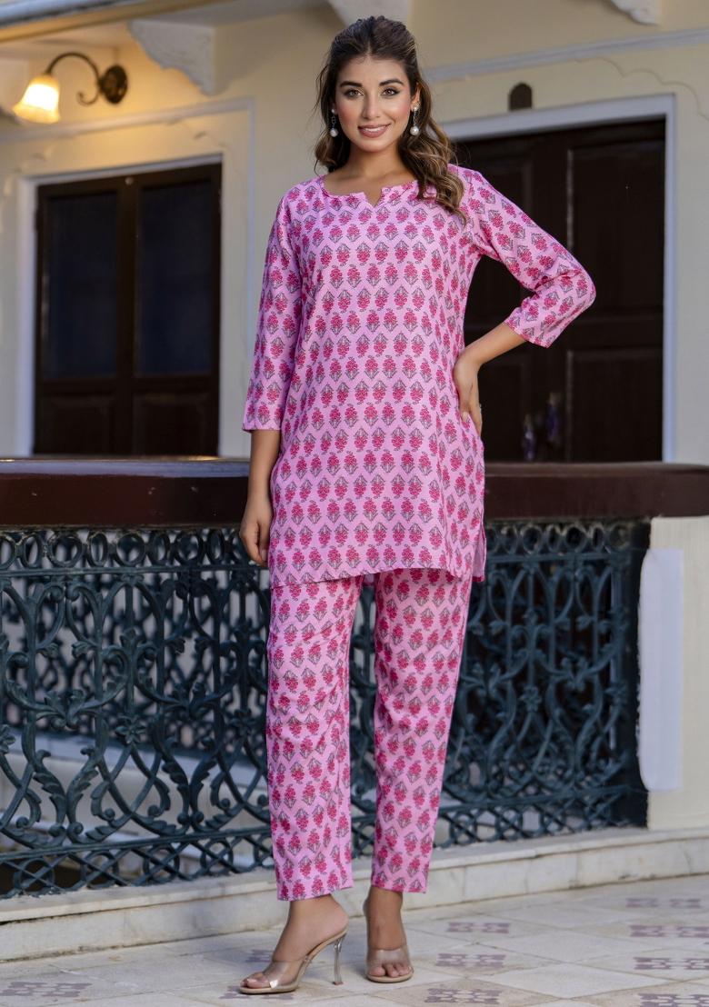Pink Printed Cotton Kurta Set - Indya