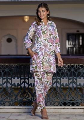 Off White Printed Cotton Kurta Set