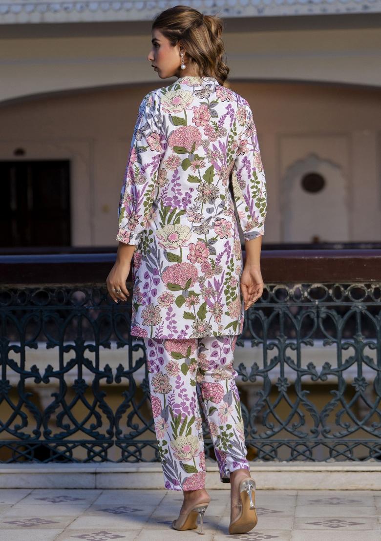 Off White Printed Cotton Kurta Set - Indya