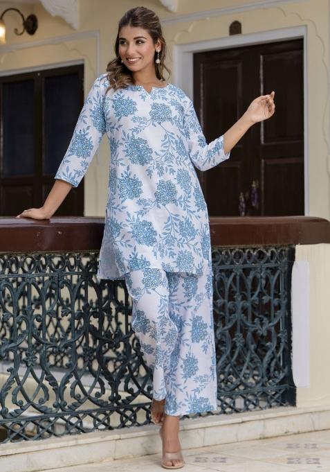 Blue Printed Cotton Kurta Set