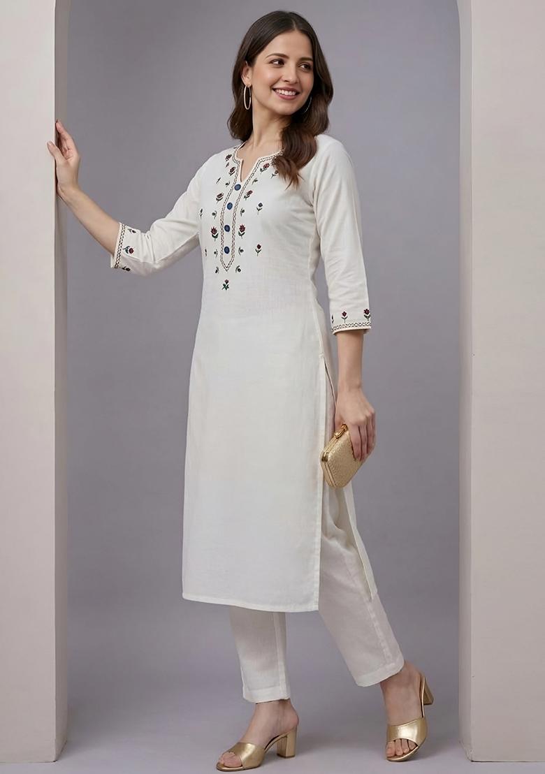 White Embroidery Rayon Kurta Set - Indya