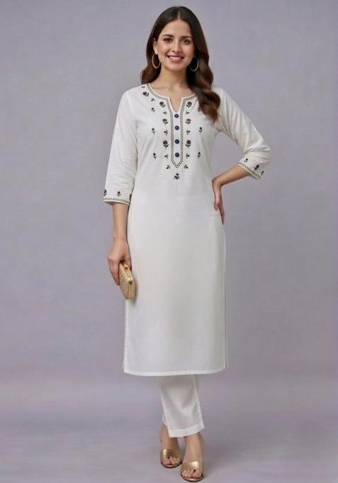 White Embroidery Rayon Kurta Set