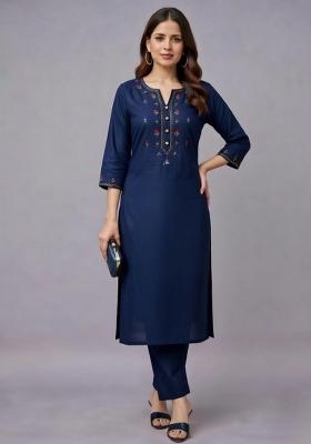 Navy Embroidery Rayon Kurta Set