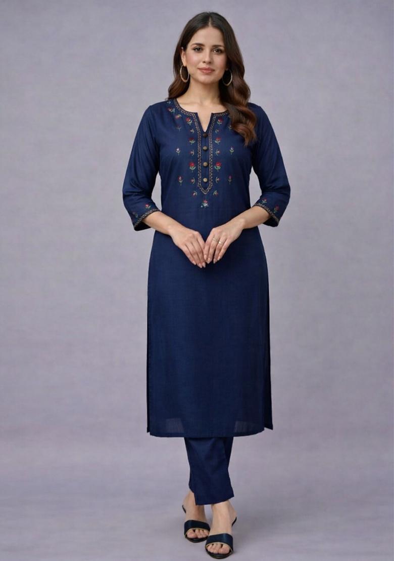 Navy Embroidery Rayon Kurta Set - Indya