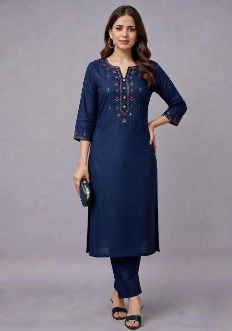 Navy Embroidery Rayon Kurta Set
