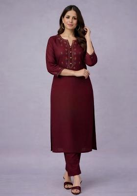Maroon Embroidery Rayon Kurta Set