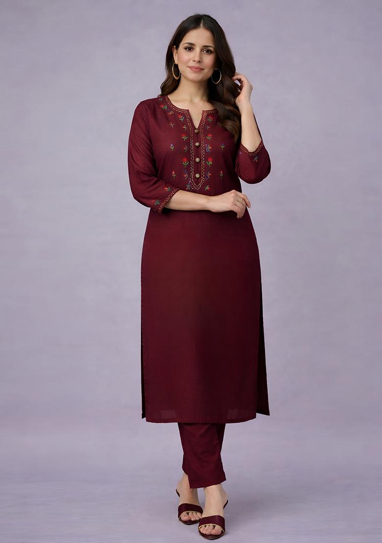 Maroon Embroidery Rayon Kurta Set - Indya