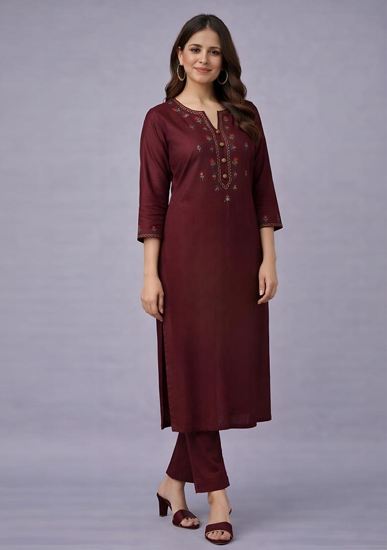 Maroon Embroidery Rayon Kurta Set - Indya