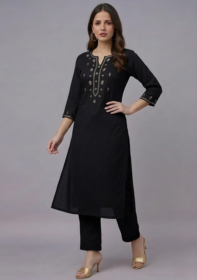 Black Embroidery Rayon Kurta Set - Indya
