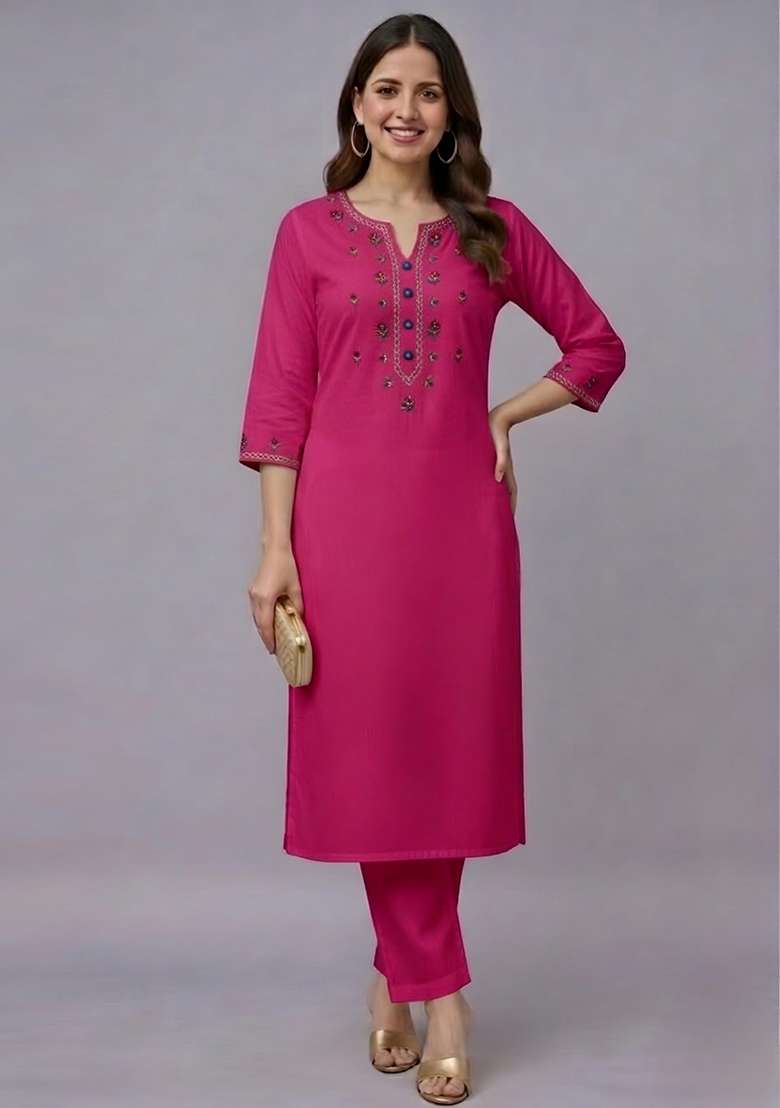 Pink Embroidery Rayon Kurta Set - Indya