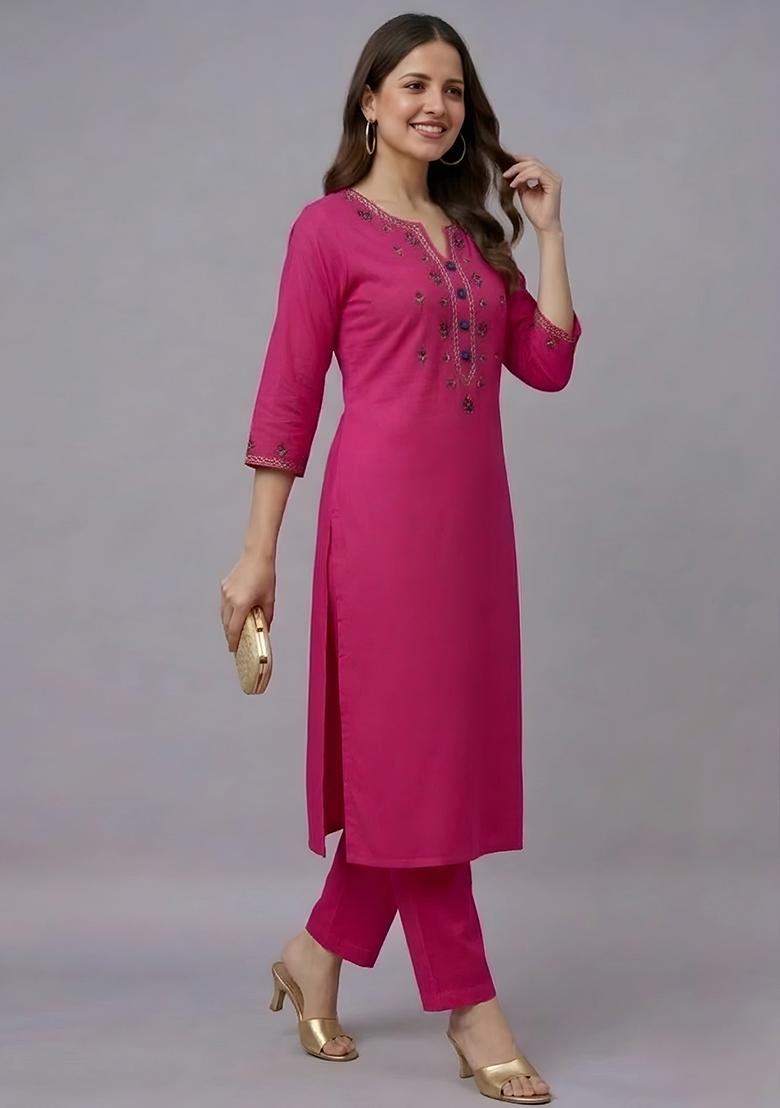 Pink Embroidery Rayon Kurta Set - Indya