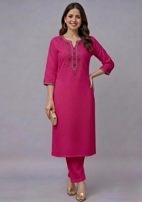 Pink Embroidery Rayon Kurta Set