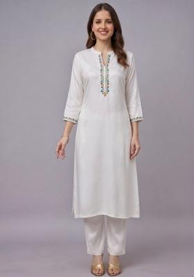 White Embroidery Rayon Kurta Set