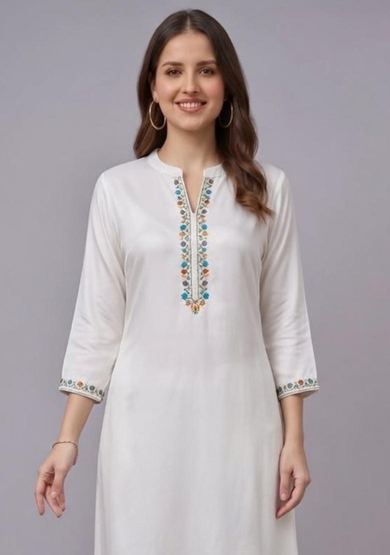 White Embroidery Rayon Kurta Set - Indya