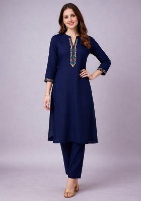 Navy Embroidery Rayon Kurta Set