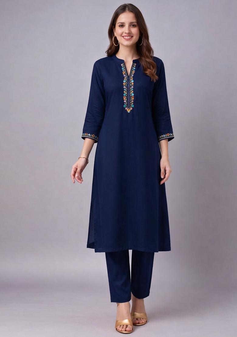 Navy Embroidery Rayon Kurta Set - Indya