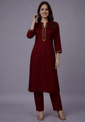 Maroon Embroidery Rayon Kurta Set