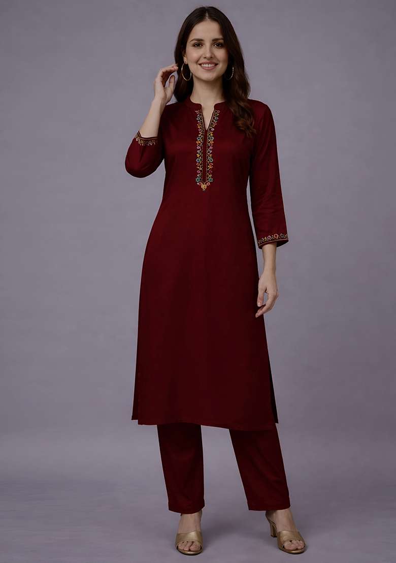 Maroon Embroidery Rayon Kurta Set - Indya