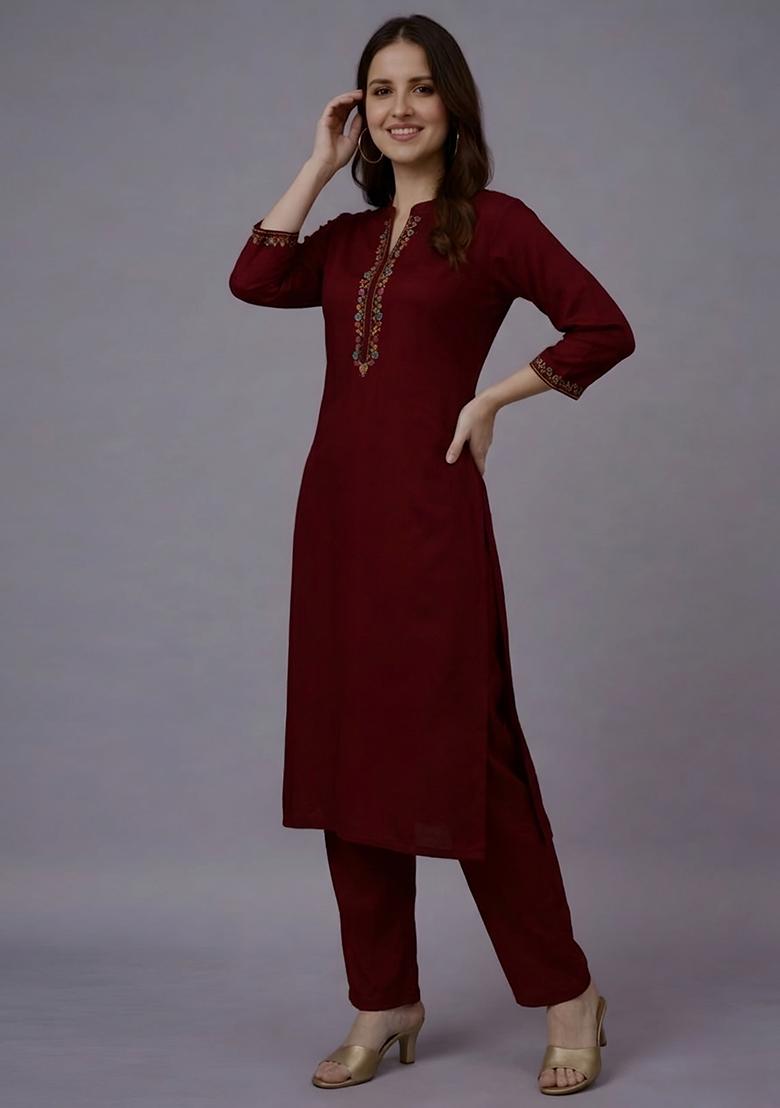 Maroon Embroidery Rayon Kurta Set - Indya