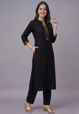 Black Embroidery Rayon Kurta Set